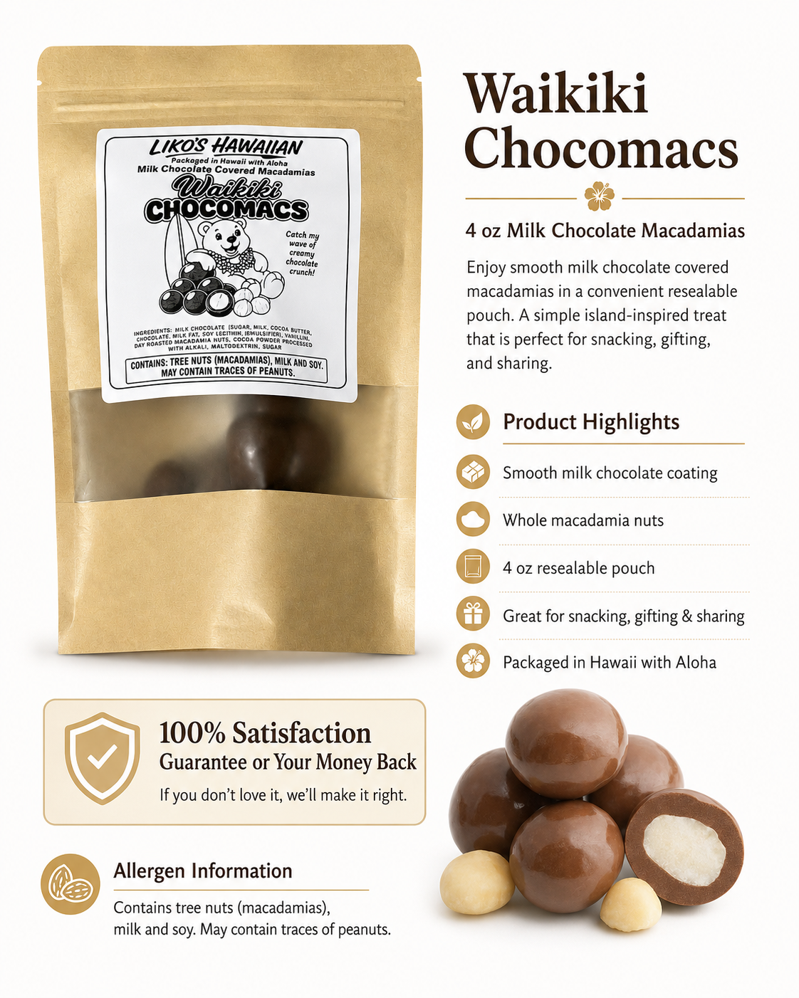 Waikiki ChoCoMacs Macadamias Milk Chocolate Macadamias 4oz
