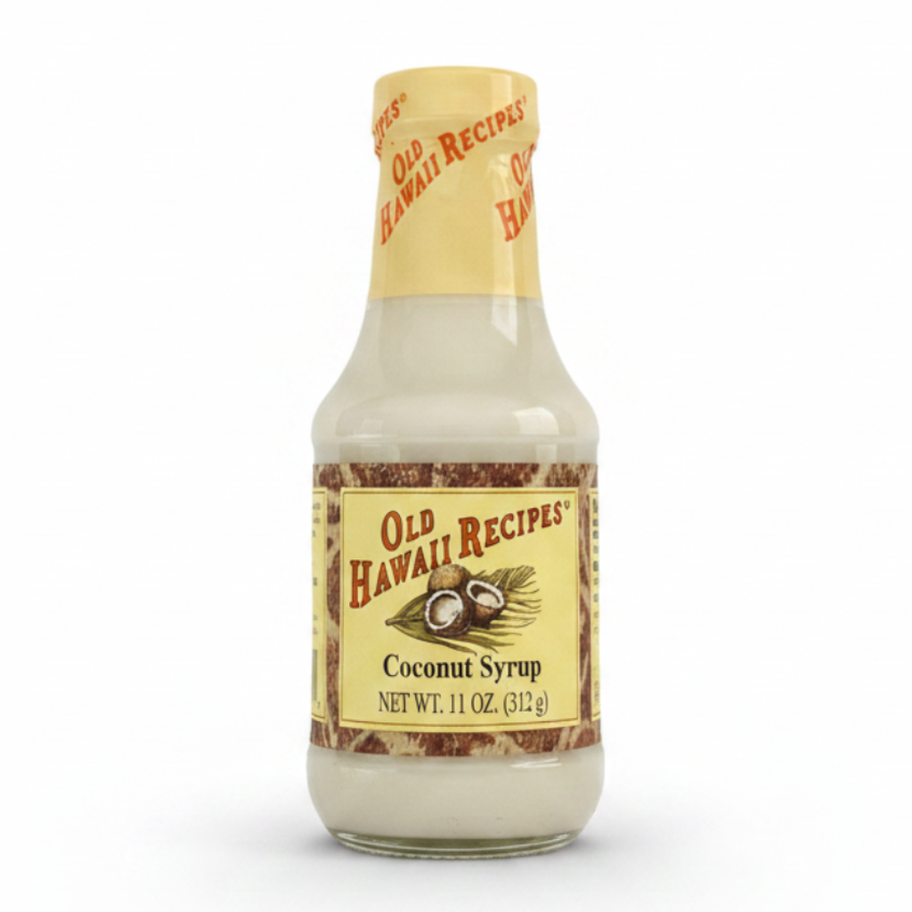 Bottle of Old Hawaii Recipe coconut syrup on a white background