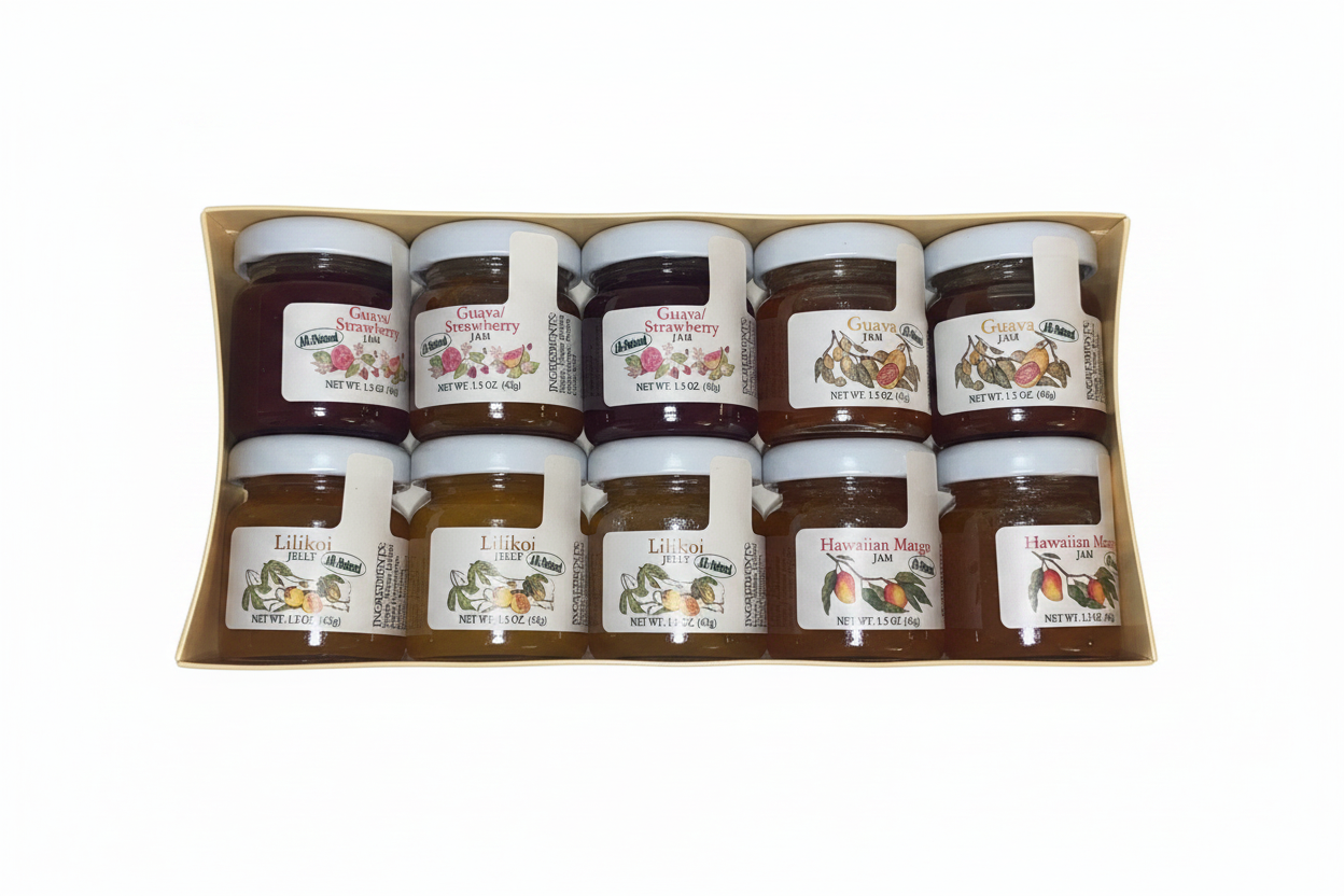 Box of jelly jars with visible labels on a white background