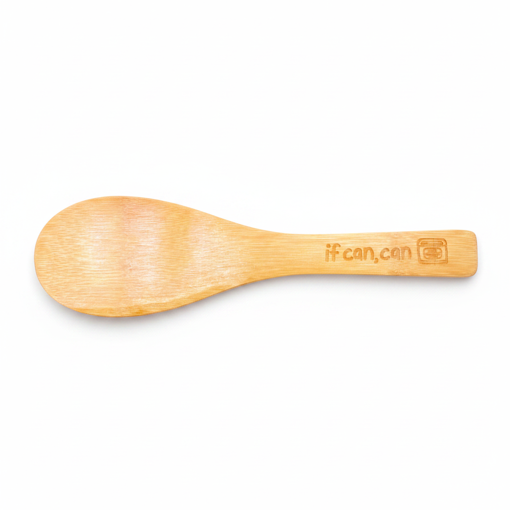Wooden spoon with 'ifcan.can' branding on a white background