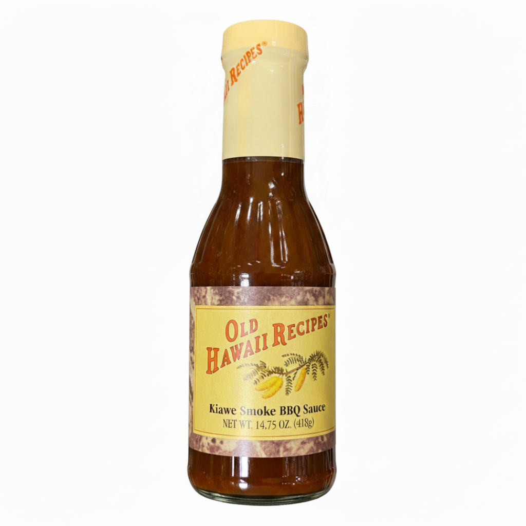 Bottle of Old Hawaii Recipes Kiawe Smoke BBQ Sauce on a white background