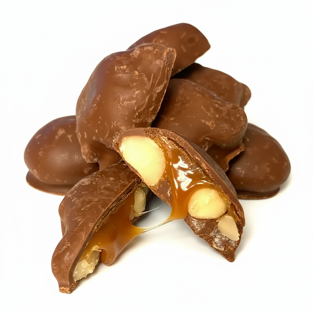 Chocolate-covered macadamia on a white background