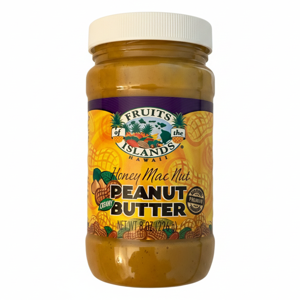 Jar of Fruits of the Islands Honey Mac Nut Peanut Butter on a white background