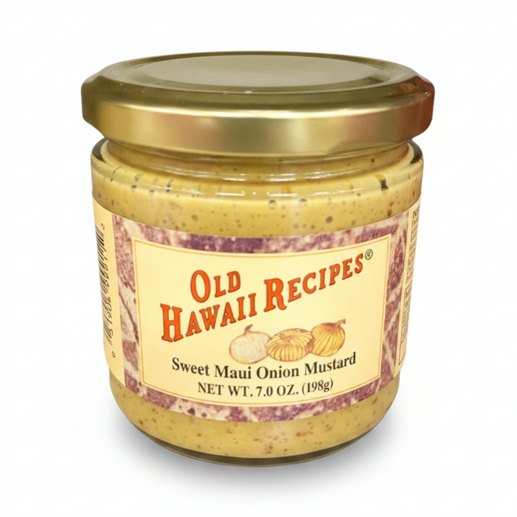 Jar of Old Hawaii Recipes Sweet Maui Onion Mustard with gold lid on a white background