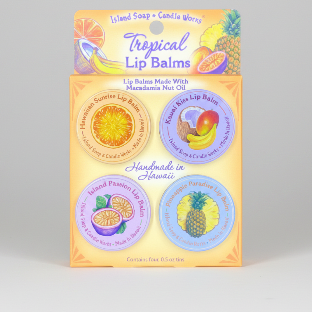 Packaged tropical lip balms with colorful labels on a white background