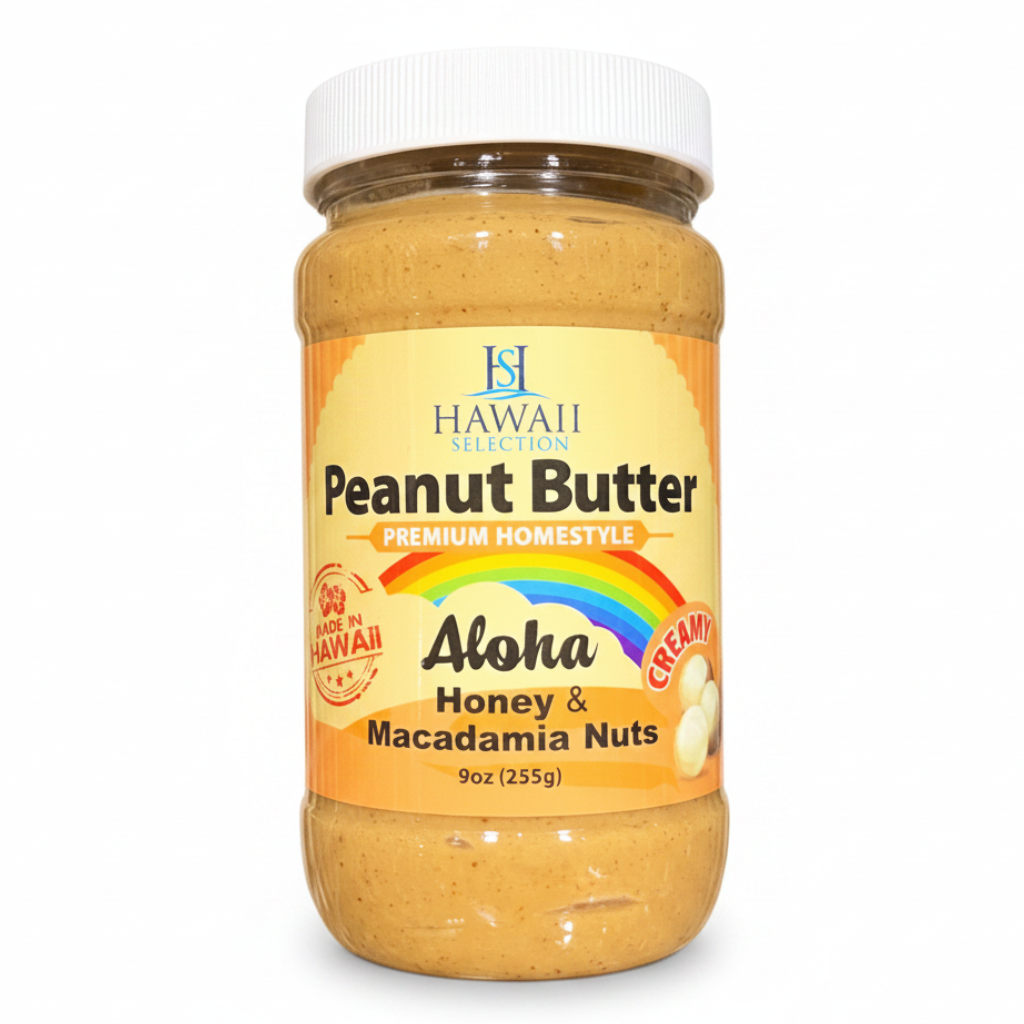 Jar of Hawaii Peanut Butter with Aloha flavor on a white background