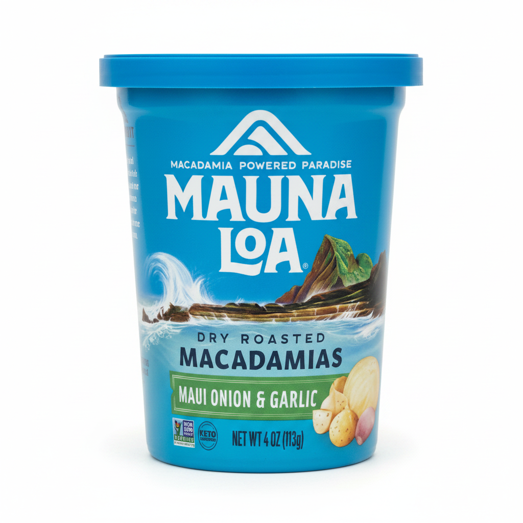 Mauna Loa dry roasted macadamias container with blue lid and label.