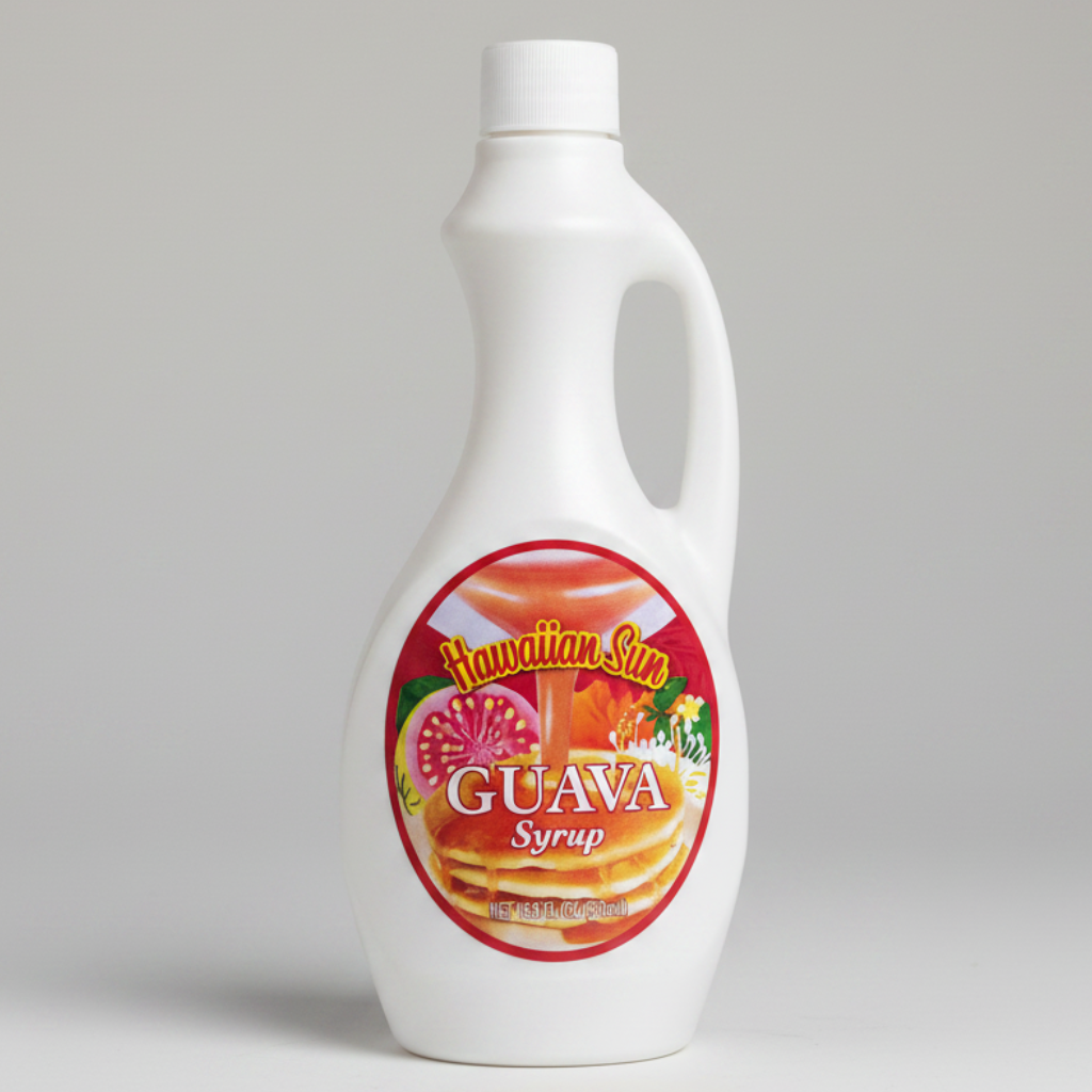 Hawaiian Sun Guava syrup bottle on a white background