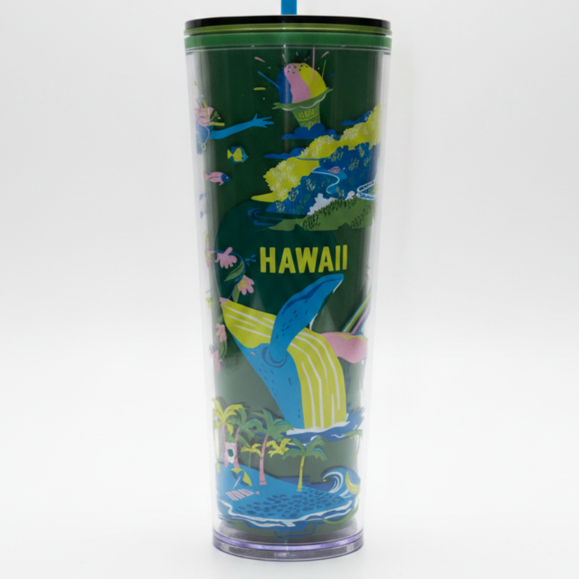 Tumbler with a colorful Hawaii-themed design featuring a whale and tropical elements on a white background.