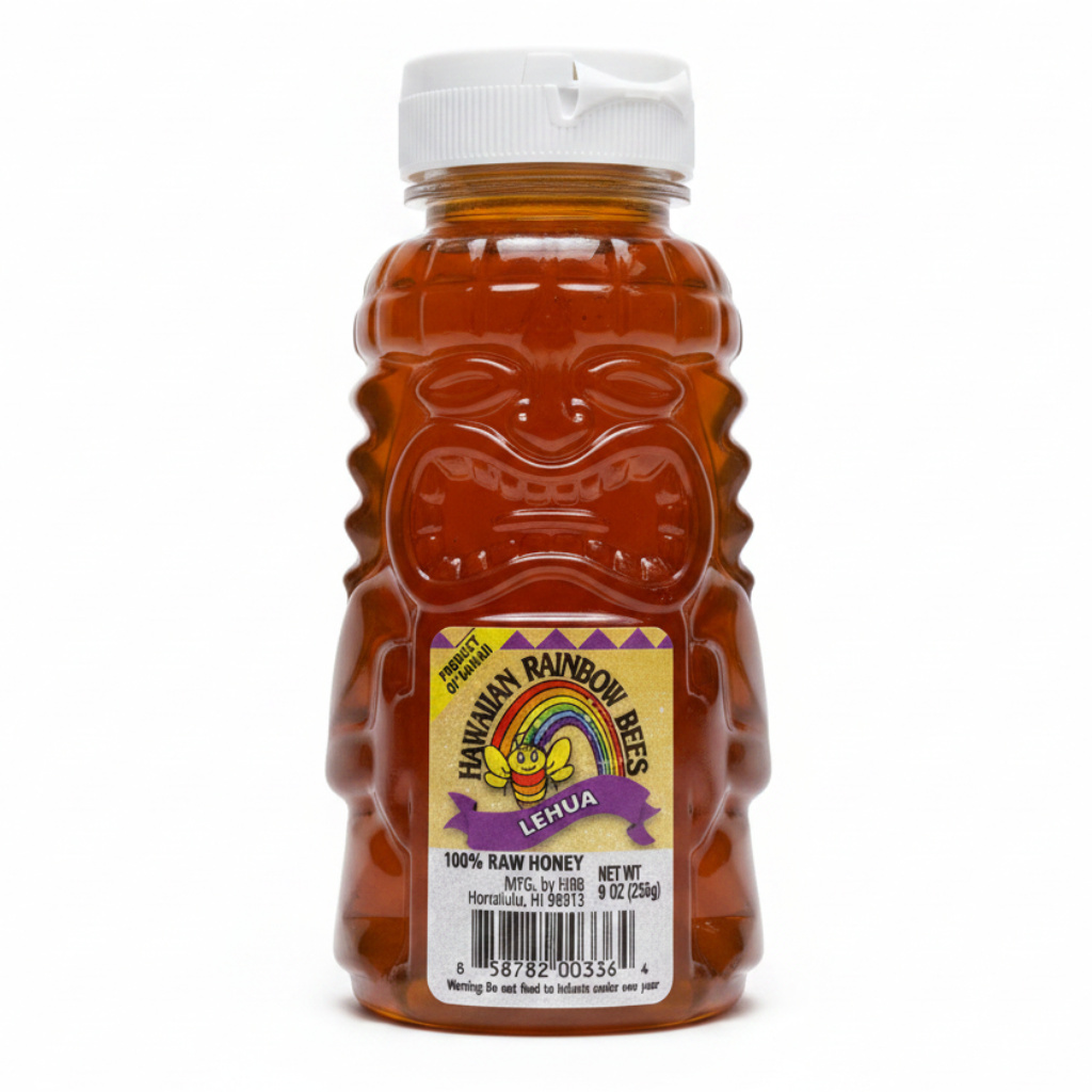 Honey bear bottle with a label on a white background