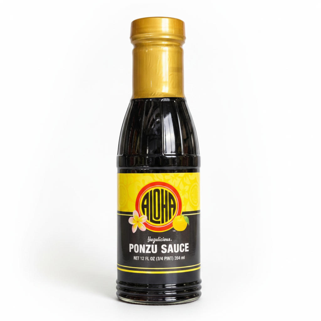 Bottle of Aloha Ponzu Sauce on a white background