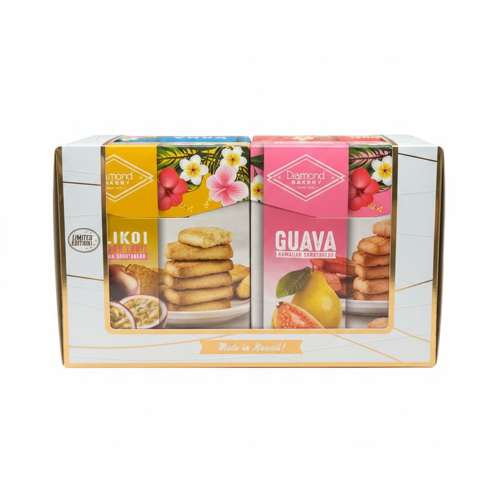 Two boxes of Diamond Bakery tropical-flavored pastries on a white background