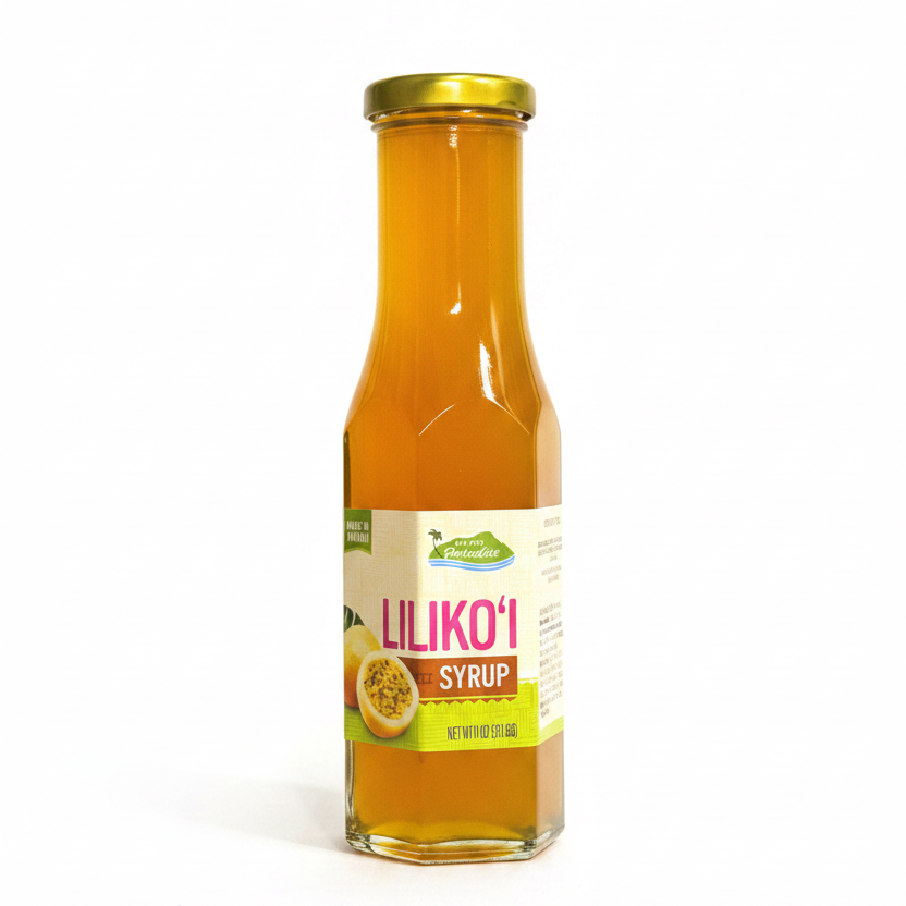 Bottle of Liliko'i Syrup on a white background
