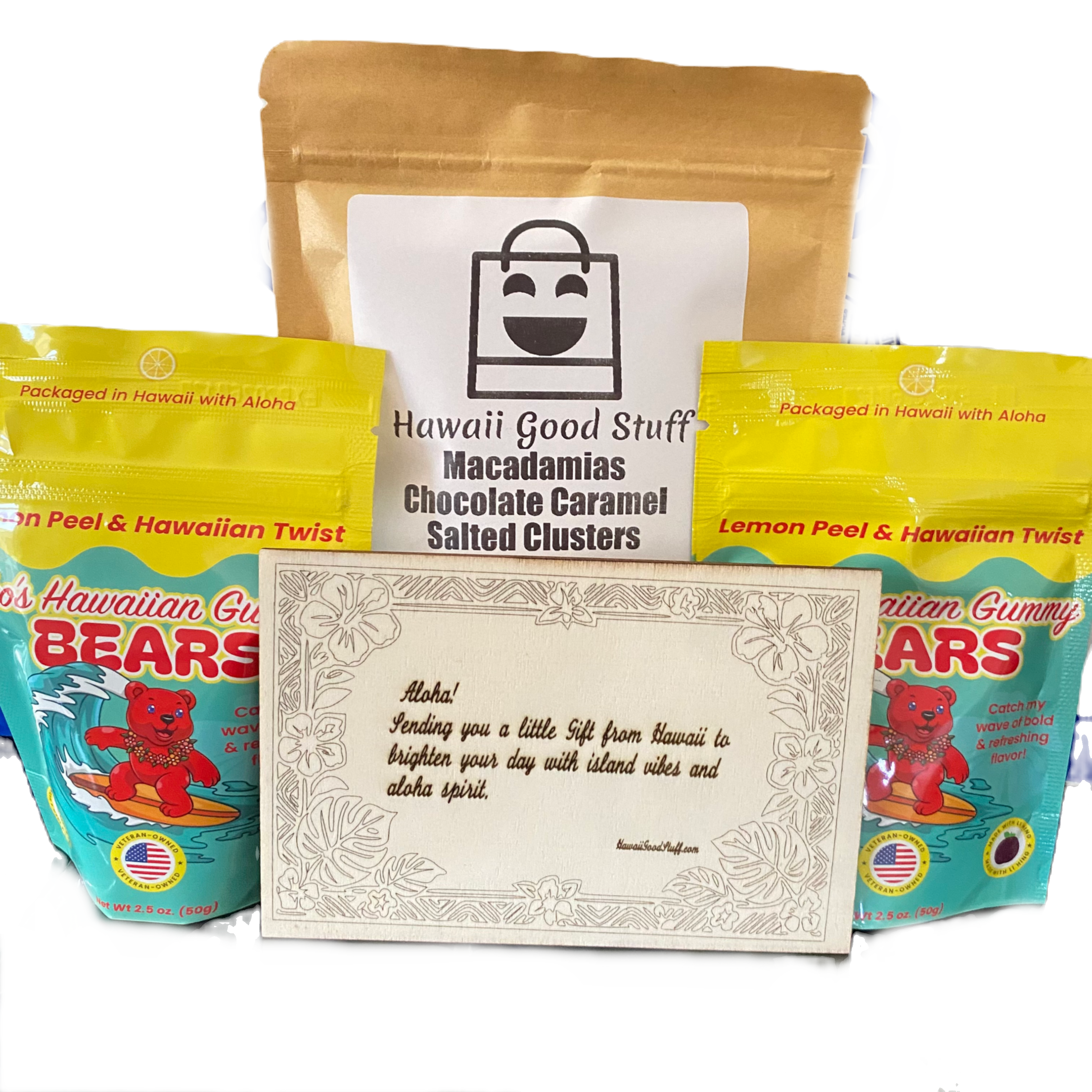 Custom Engraved Hawaii Wood Postcard with Gummies & Chocomel Macs Nuts LIMIT 1