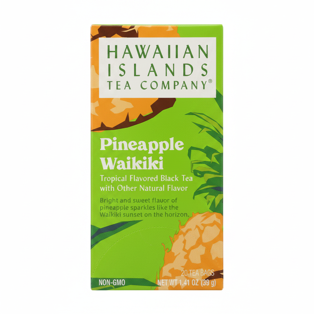 Packaging of Hawaiian Islands Tea Company Pineapple Waikiki tea on a white background