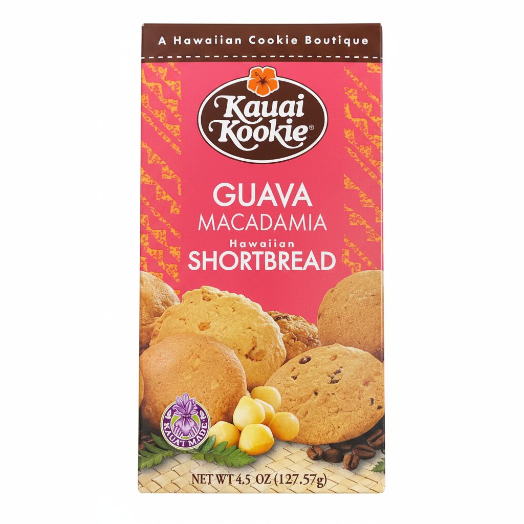 Kauai Kookie Guava Macadamia Hawaiian Shortbread packaging on a white background
