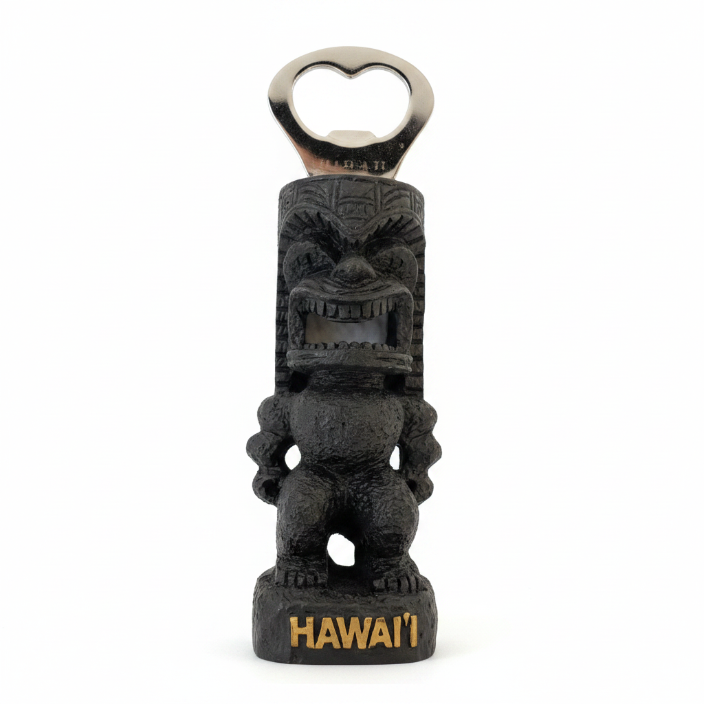 Tiki bottle opener with 'HAWAII' text on a white background