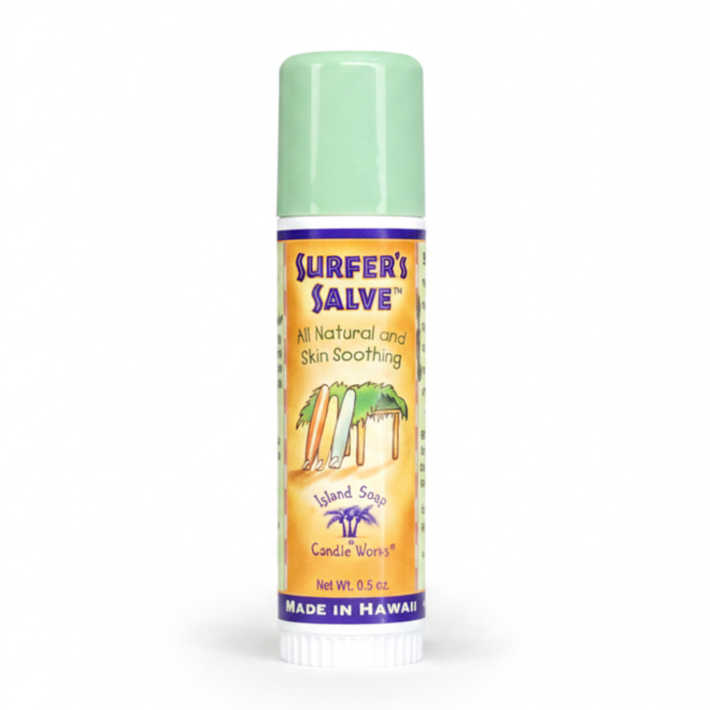 Surfer's Salve stick with green cap and orange label on a white background