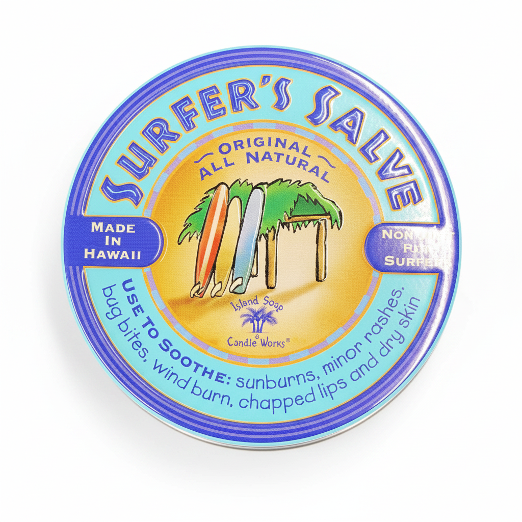 Round container of 'Surfer's Salve' with colorful design and text on a white background