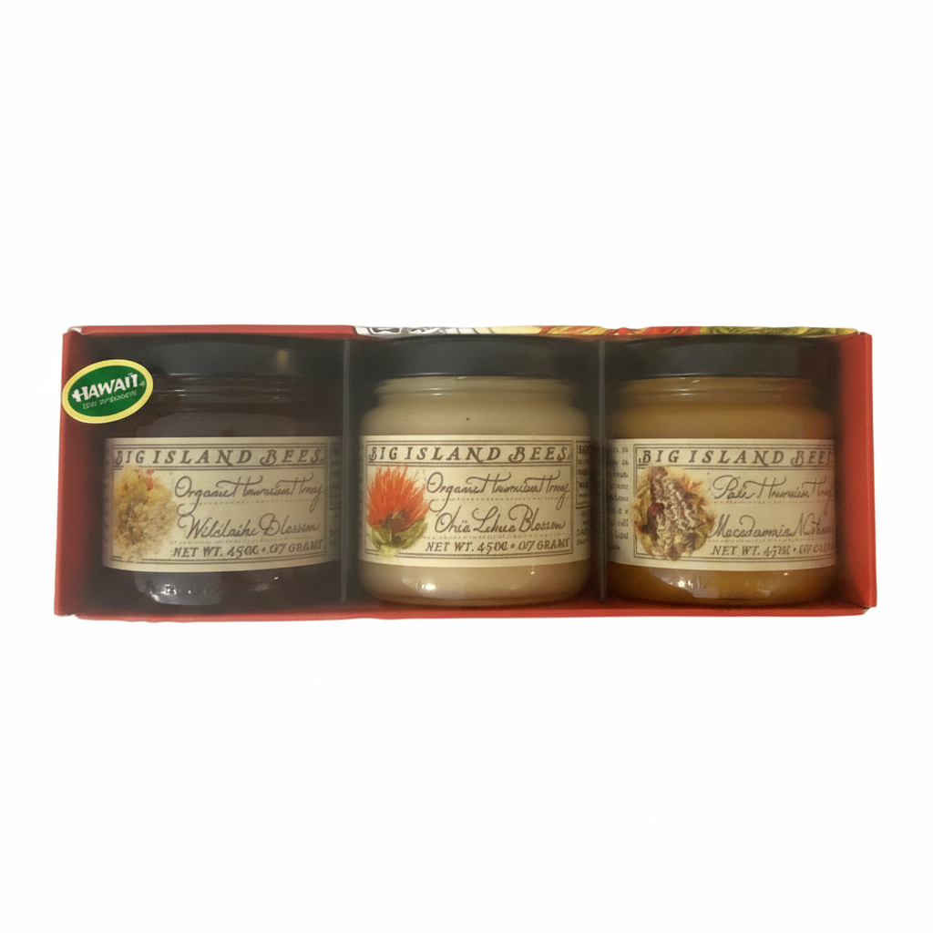 Three jars of Island Beef spread in a red box with a visible brand logo.