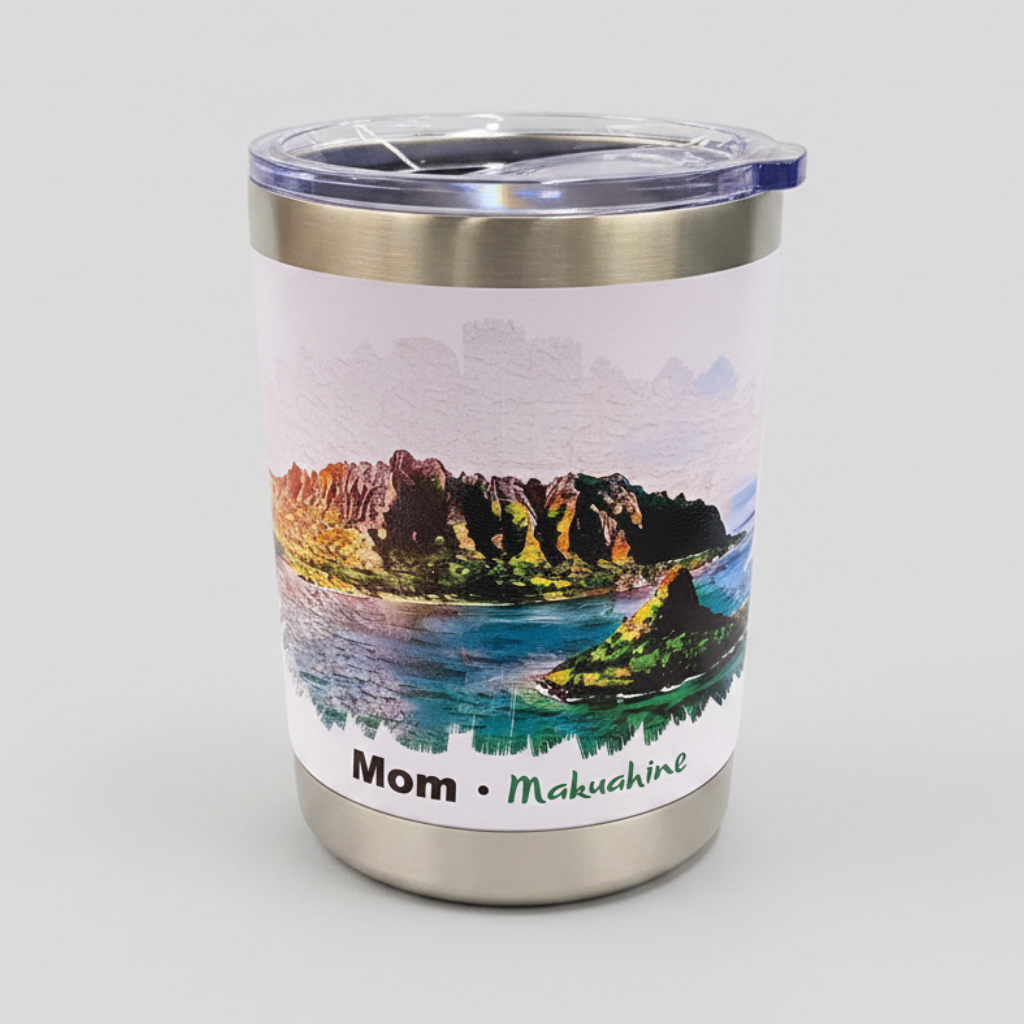 Tumbler with a scenic design and 'Mom' text on a white background