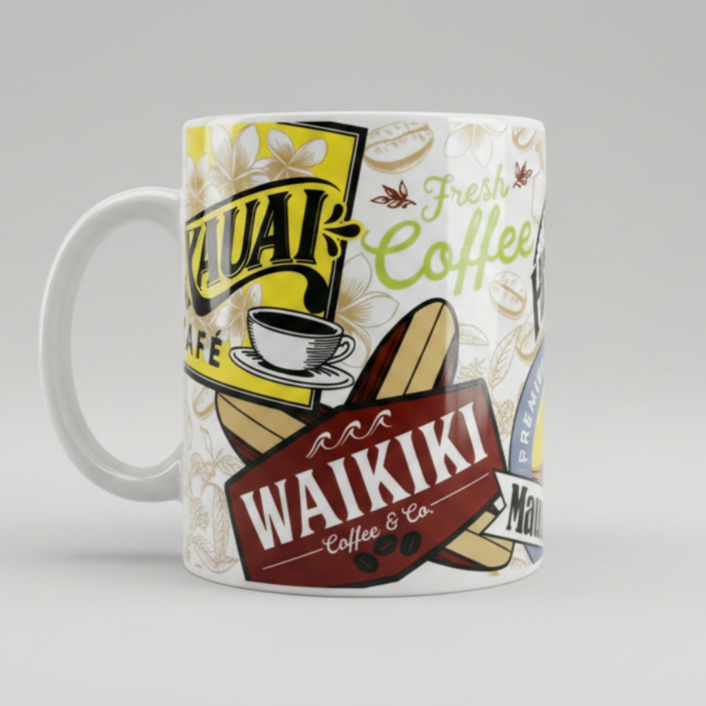 Waikiki Coffee & Co mug with branding and coffee graphics on a white background