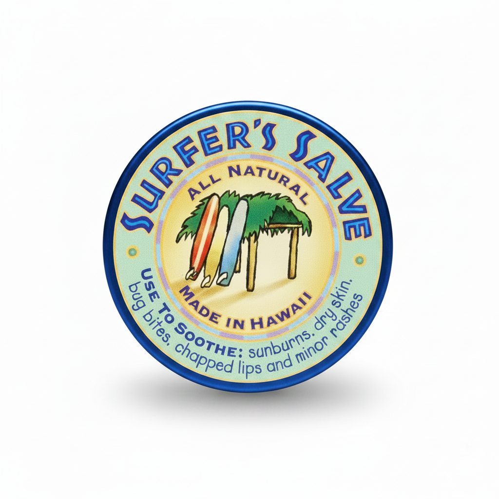 Round container of 'Surfer's Salve' with surfboards and palm trees on a white background