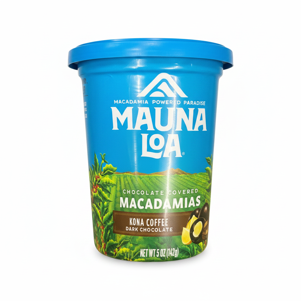 Mauna Loa chocolate covered macadamias container on a white background