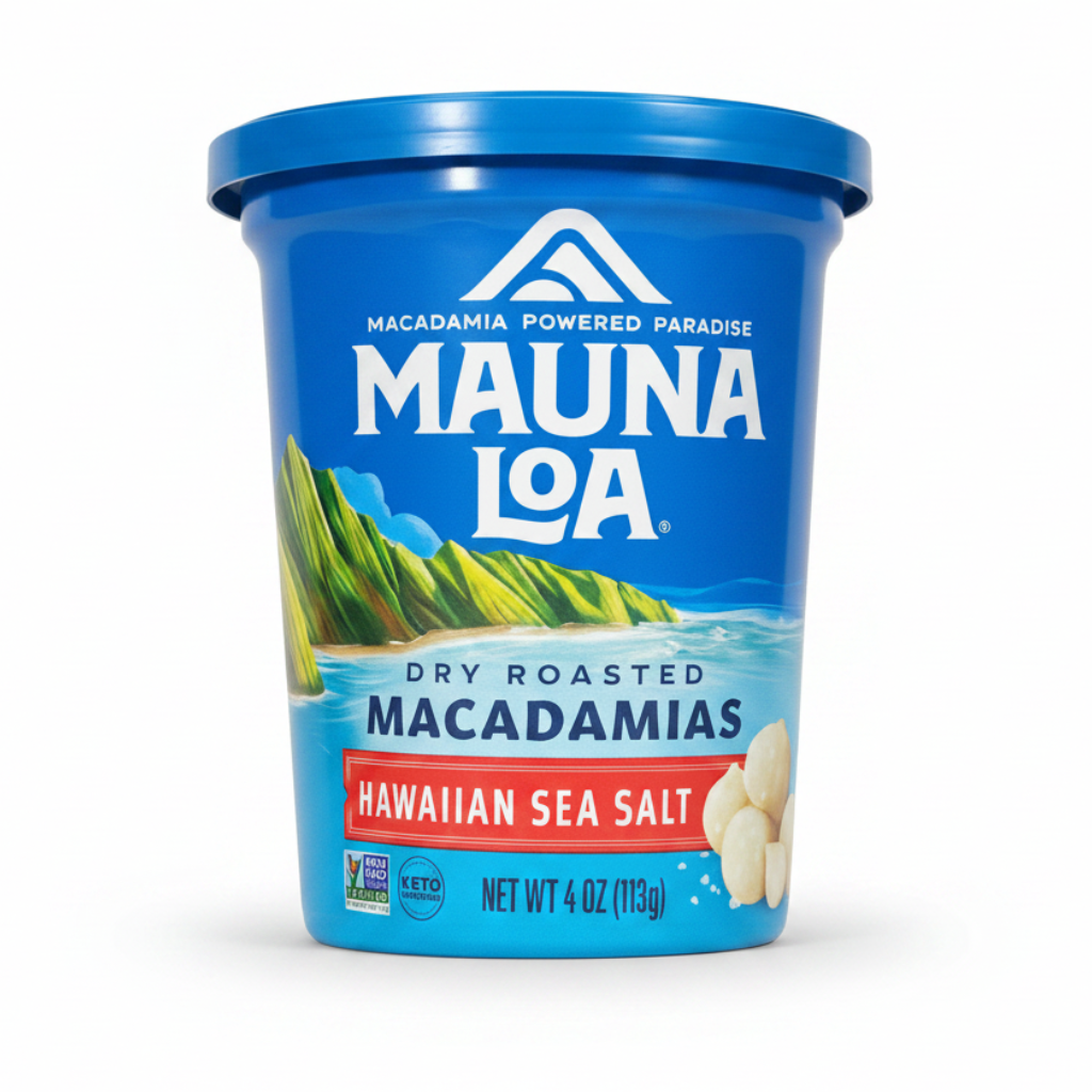 Mauna Loa macadamia nut container with blue lid on a white background