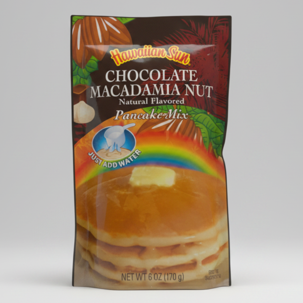 Packaging of Hawaiian Sun Chocolate Macadamia Nut Pancake Mix on a white background