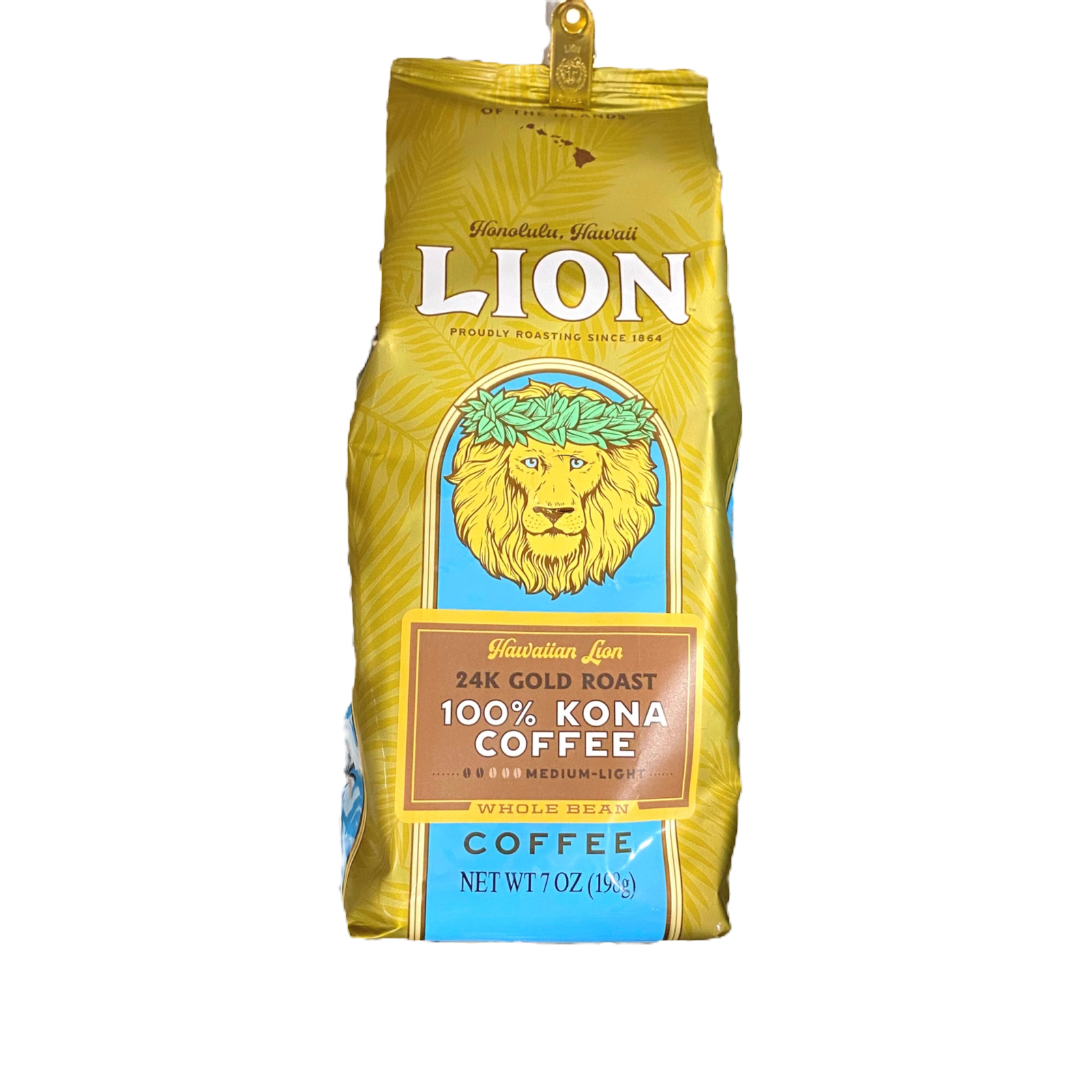 Lion Coffee Hawaiian Lion 24k Gold Roast 100% Kona Whole Bean Coffee 7 oz bag