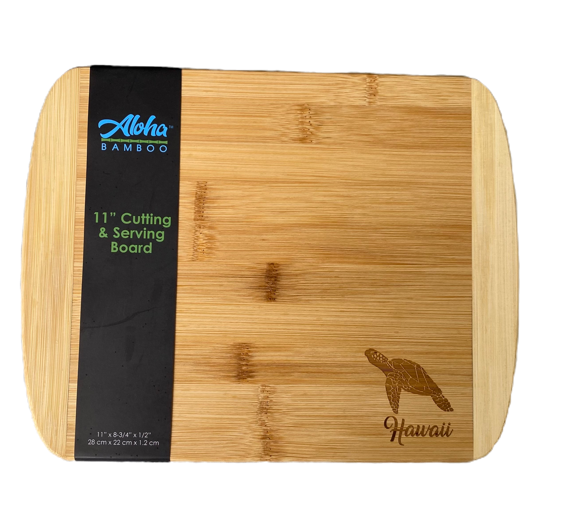 Bamboo cutting board with 'Aloha Bamboo' branding and a turtle design on a white background