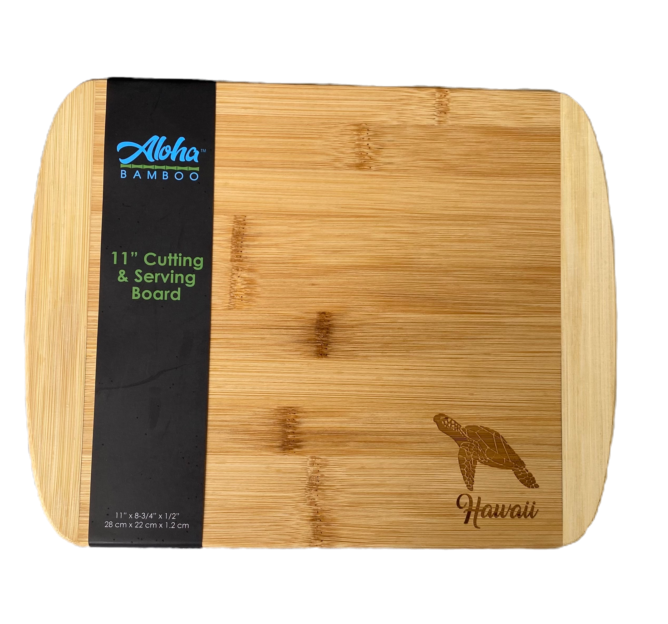 Bamboo cutting board with 'Aloha Bamboo' branding and a turtle design on a white background