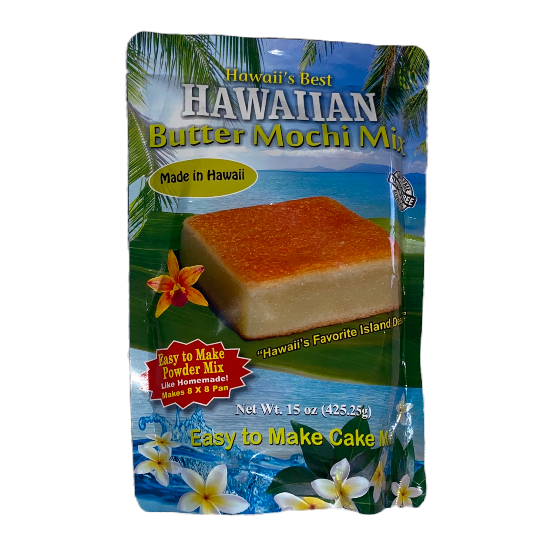 Hawaiian Butter Mochi Mix packaging with tropical scenery