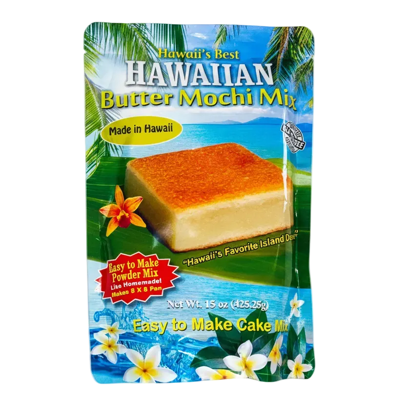 Hawaiian Butter Mochi Mix packaging with tropical scenery