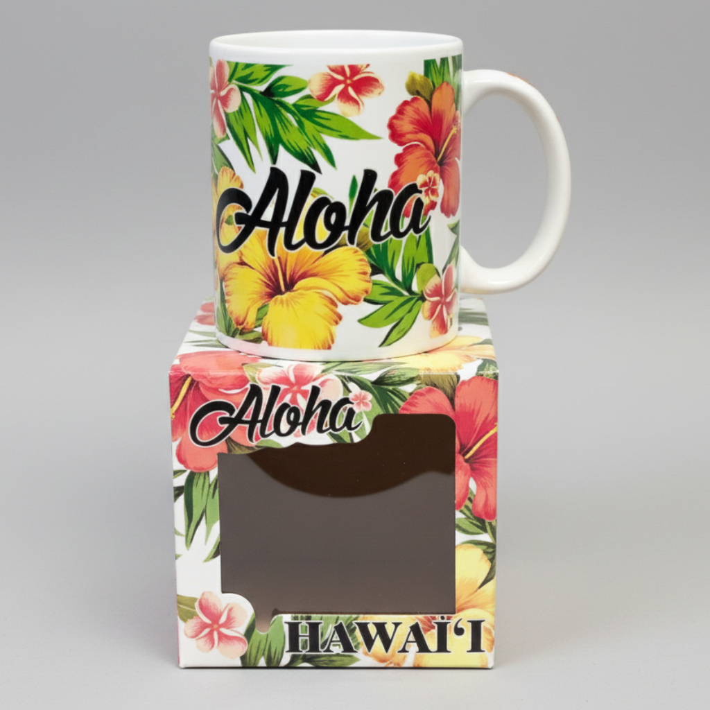 Mug with floral design and 'Aloha Hawaii' text on a white background