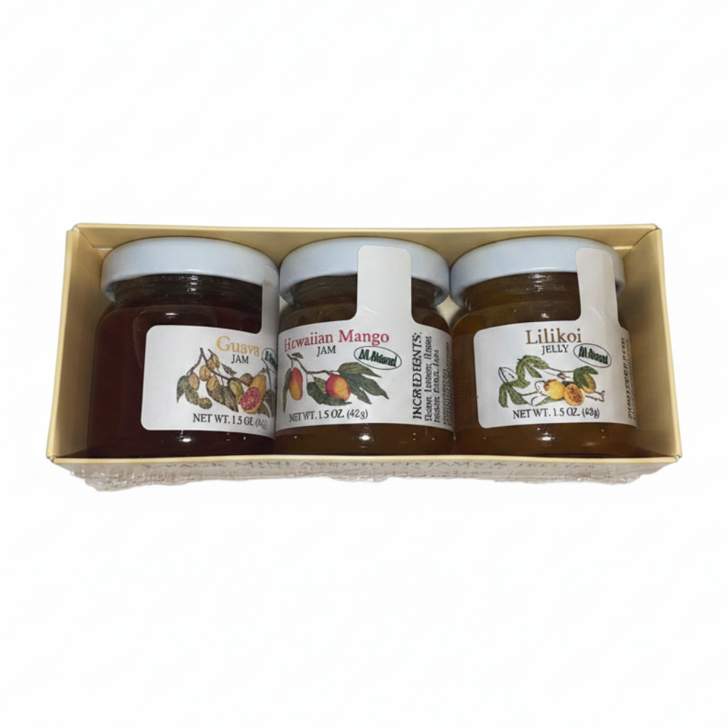 Three jars of jam in a cardboard box on a white background