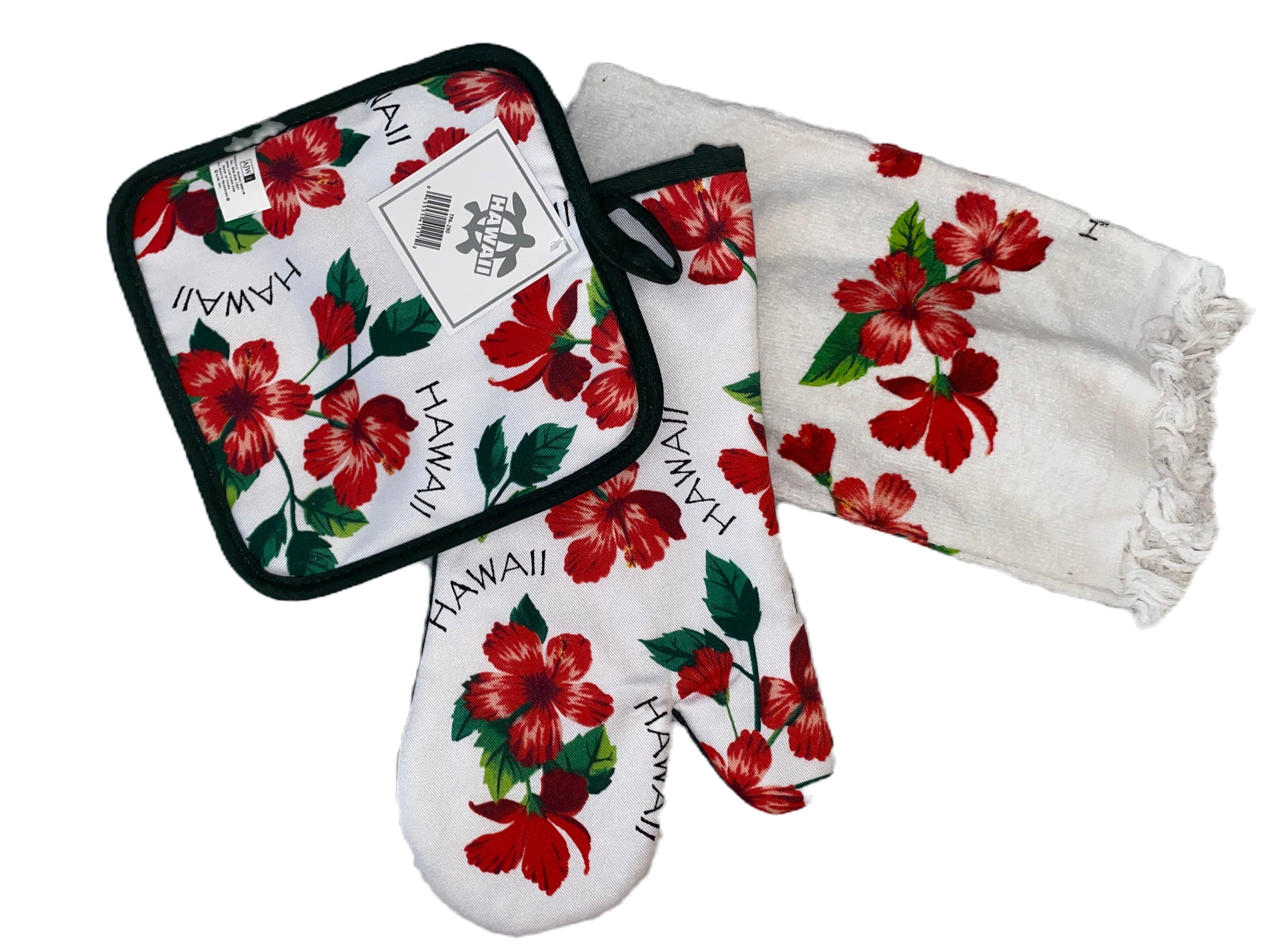 Hawaii Flower Pot Holder, Oven Mitt, and Towel Set