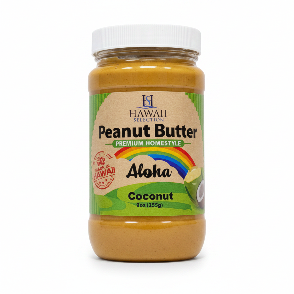 Jar of Hawaii Selection coconut peanut butter on a white background