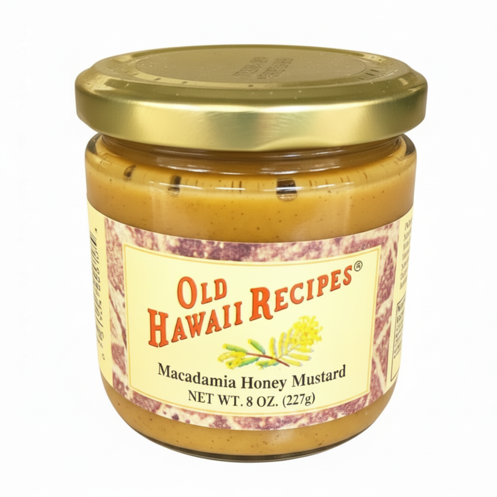 Jar of Old Hawaii Recipes Macadamia Honey Mustard with gold lid on a white background