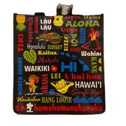 Colorful Hawaiian-themed bag with various words and graphics on a white background