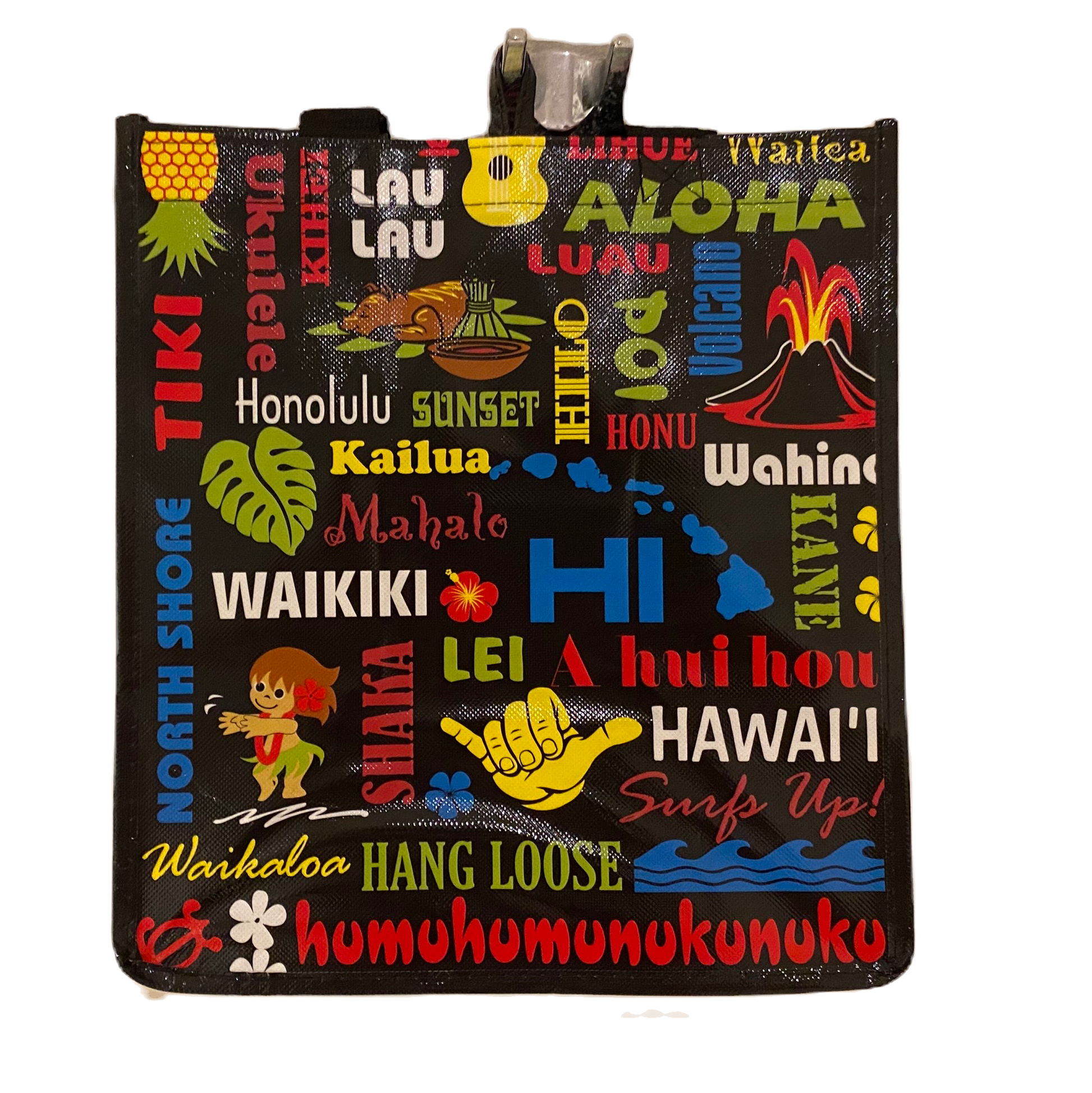 Colorful Hawaiian-themed bag with various words and graphics on a white background