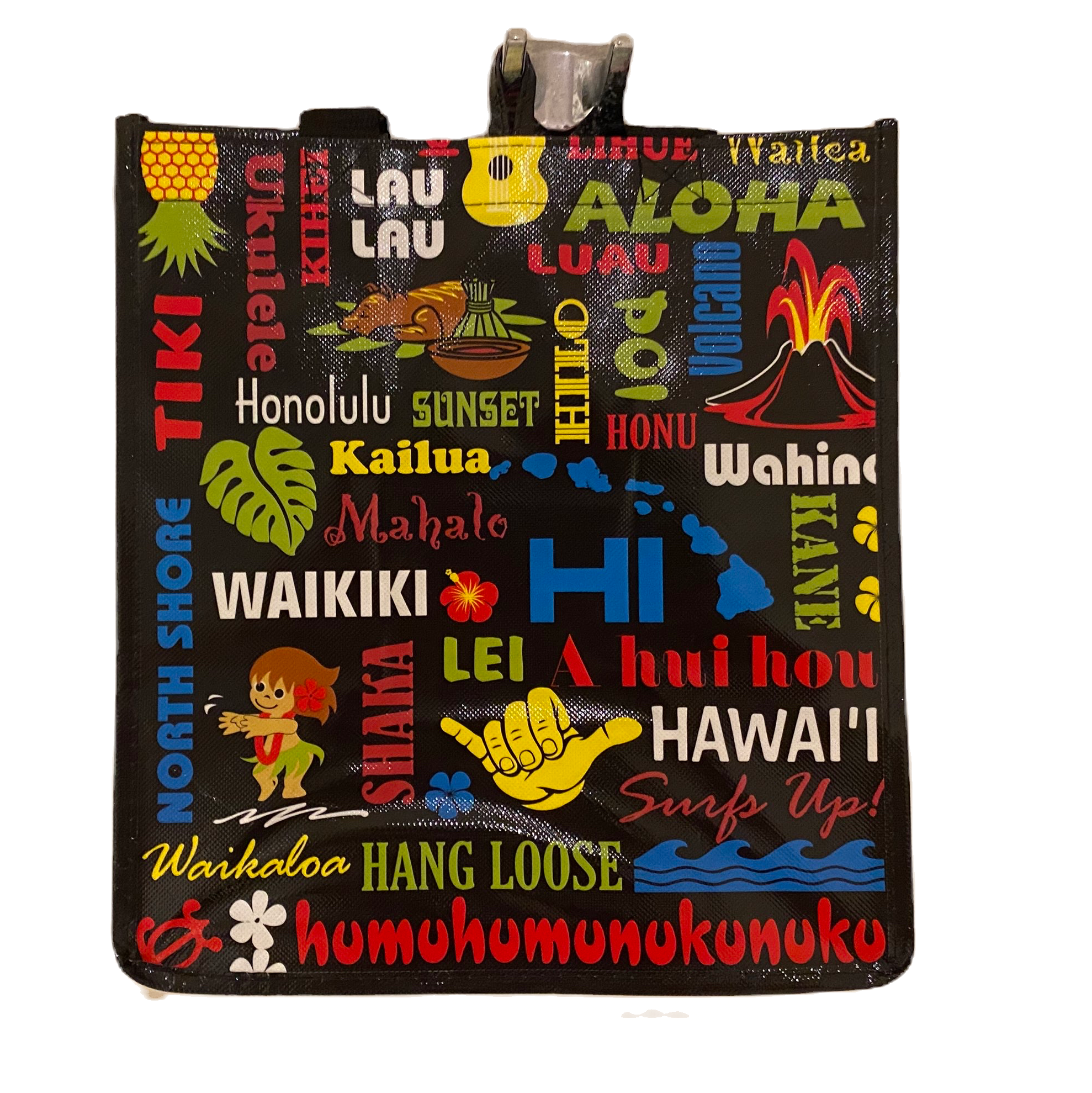 Colorful Hawaiian-themed bag with various words and graphics on a white background