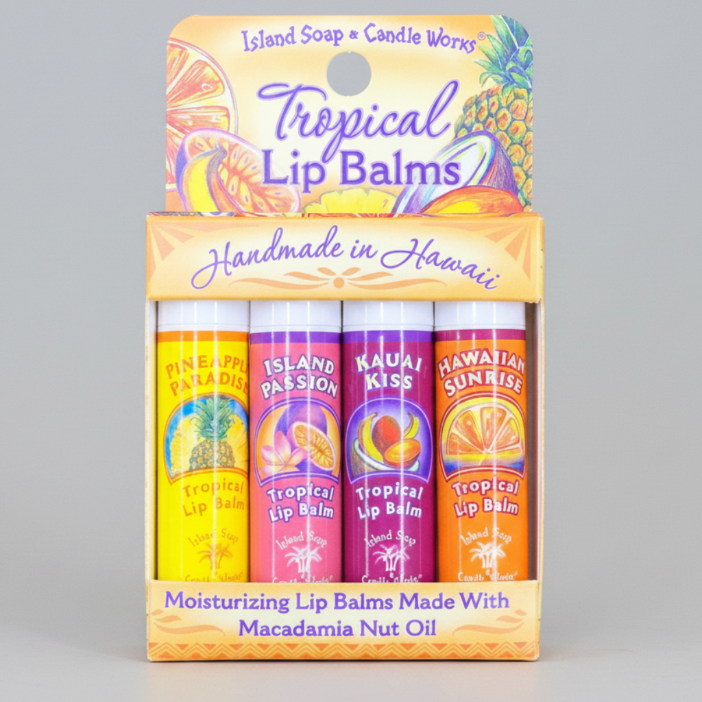 Pack of tropical lip balms from Island Soap & Candle Works with colorful packaging.