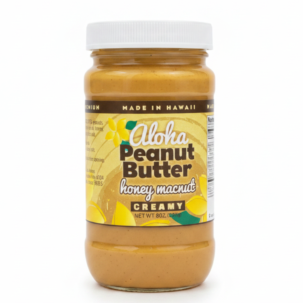 Jar of Aloha Peanut Butter honey macnut on a white background