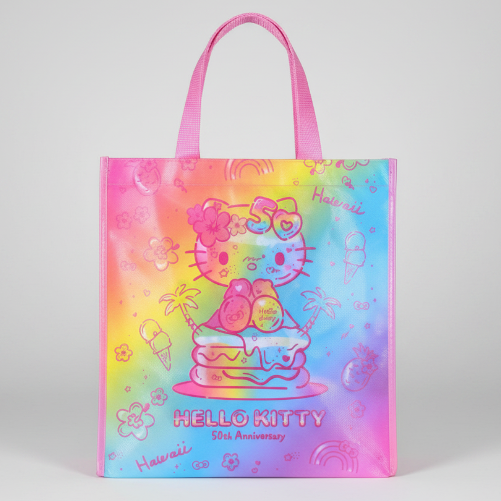 Colorful drawstring bag with Hello Kitty design and 50th anniversary text on a white background