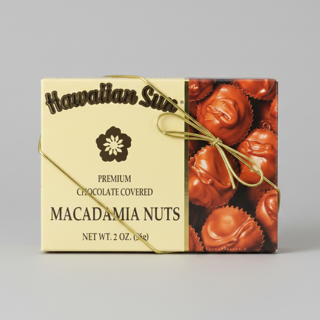 Box of Hawaiian Sun chocolate-covered macadamia nuts on a white background