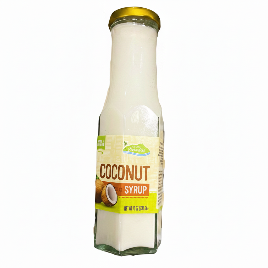 Bottle of coconut syrup with a gold cap on a white background