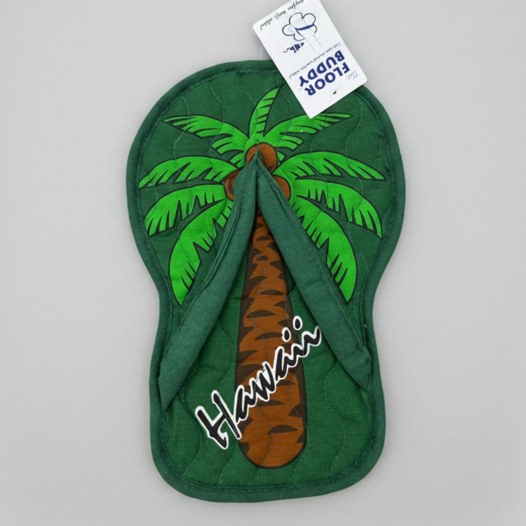 Green sandal with palm tree design and 'Hawaii' text on a white background