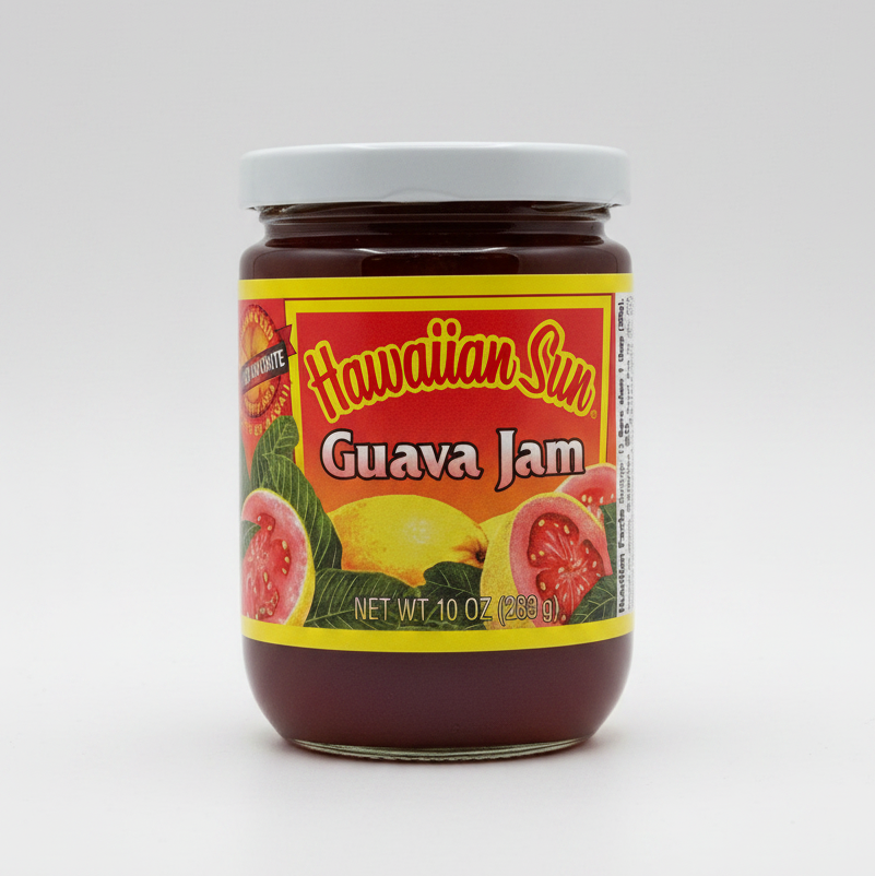 Jar of Hawaiian Sun Guava Jam with a red label featuring guava illustrations.